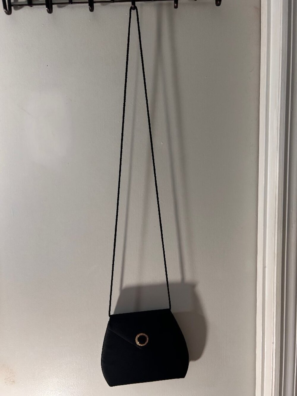 Vintage Black Satin Formal Clutch Purse Rhinestone Cabochon Accent - Picture 4 of 12